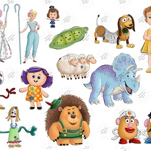 May include: A collection of colorful cartoon illustrations featuring characters from the Toy Story franchise. The image includes characters like Bo Peep, Woody, Buzz Lightyear, and others, all rendered in a vibrant, animated style. Perfect for fans of the animated movie.