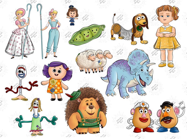 May include: A collection of colorful cartoon illustrations featuring characters from the Toy Story franchise. The image includes characters like Bo Peep, Woody, Buzz Lightyear, and others, all rendered in a vibrant, animated style. Perfect for fans of the animated movie.