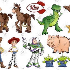 May include: A collection of cartoon character illustrations, including a brown horse, a green dinosaur, a cowboy hat, a sheriff badge, and characters like Woody, Jessie, Buzz Lightyear, a pig, and three green aliens. The Pizza Planet logo is also included.