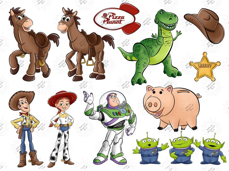 May include: A collection of cartoon character illustrations, including a brown horse, a green dinosaur, a cowboy hat, a sheriff badge, and characters like Woody, Jessie, Buzz Lightyear, a pig, and three green aliens. The Pizza Planet logo is also included.