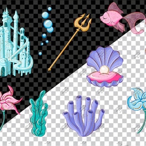 K&ouml;nnte beinhalten: Eine Sammlung skurriler, cartoonartiger Illustrationen mit aquatischen Elementen. Enth&auml;lt ein hellblaues Schloss, Blasen, einen goldenen Dreizack, einen rosa Fisch, eine Muschel mit einer Perle und verschiedene Korallen- und Blumendesigns.