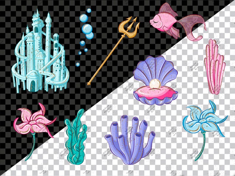 K&ouml;nnte beinhalten: Eine Sammlung skurriler, cartoonartiger Illustrationen mit aquatischen Elementen. Enth&auml;lt ein hellblaues Schloss, Blasen, einen goldenen Dreizack, einen rosa Fisch, eine Muschel mit einer Perle und verschiedene Korallen- und Blumendesigns.