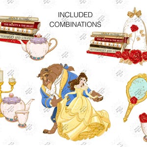 May include: Digital art featuring elements from Beauty and the Beast. Includes illustrations of the Beast, Belle in a yellow gown, books, a teapot, teacup, candelabra, a rose in a glass dome, and a hand mirror. Text includes "AS OLD AS TIME" and "THE BEAUTY & THE BEAST".