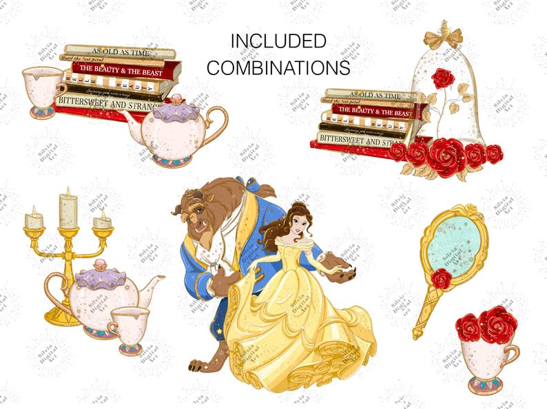 May include: Digital art featuring elements from Beauty and the Beast. Includes illustrations of the Beast, Belle in a yellow gown, books, a teapot, teacup, candelabra, a rose in a glass dome, and a hand mirror. Text includes "AS OLD AS TIME" and "THE BEAUTY & THE BEAST".
