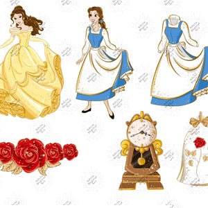 May include: Digital illustrations of a princess in a yellow gown, a princess in a blue and white dress, and a dress. Also included are a red rose garland, a clock, and a glass dome with a rose.