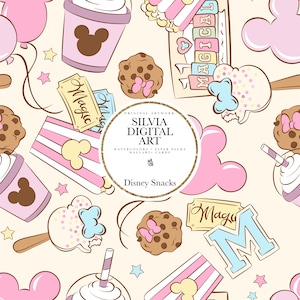 May include: A digital pattern featuring illustrations of chocolate chip cookies with pink bows, pink and white striped popcorn containers, ice cream bars with blue bows, and tickets labeled Magic. A central circular logo reads SILVIA DIGITAL ART.