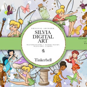 Puede incluir: Una impresión de arte digital con hadas, mariposas y elementos caprichosos. La obra de arte incluye el texto "SILVIA DIGITAL ART" y "Tinkerbell". La imagen está pintada a mano y mide 30,48 cm x 30,48 cm.