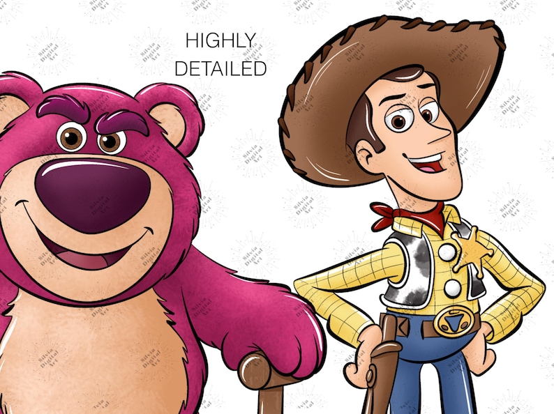 May include: Illustration of Lotso the bear and Woody from Toy Story. Lotso is a pink bear with a purple nose and Woody is a cowboy with a brown hat, yellow shirt, and blue jeans. The text "HIGHLY DETAILED" is above the characters.