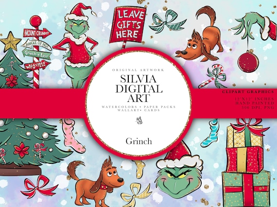 Grinch Clipart, Hand-drawn, PNG, Max, Decoration Bundle, Christmas Tree, Glitter Art