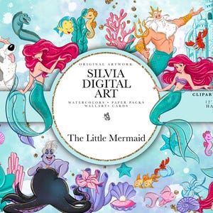 K&ouml;nnte beinhalten: Digitale Kunstsammlung mit Charakteren aus "Arielle, die Meerjungfrau". Die Kunstwerke zeigen Meerjungfrauen, Prinz Eric, K&ouml;nig Triton, Ursula und verschiedene Meereskreaturen. Der Text "SILVIA DIGITAL ART" und "CLIPART GRAPHICS" ist enthalten.