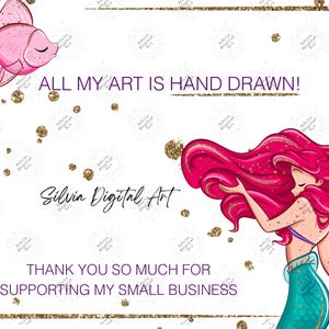 K&ouml;nnte beinhalten: Digitaler Kunstdruck mit einem rosa Fisch und einer Meerjungfrau mit pinkfarbenem Haar und einem t&uuml;rkisfarbenen Schwanz. Der Text lautet "ALL MY ART IS HAND DRAWN!" und "THANK YOU SO MUCH FOR SUPPORTING MY SMALL BUSINESS". Goldglitzer akzentuiert den wei&szlig;en Hintergrund.