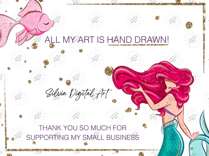 K&ouml;nnte beinhalten: Digitaler Kunstdruck mit einem rosa Fisch und einer Meerjungfrau mit pinkfarbenem Haar und einem t&uuml;rkisfarbenen Schwanz. Der Text lautet "ALL MY ART IS HAND DRAWN!" und "THANK YOU SO MUCH FOR SUPPORTING MY SMALL BUSINESS". Goldglitzer akzentuiert den wei&szlig;en Hintergrund.