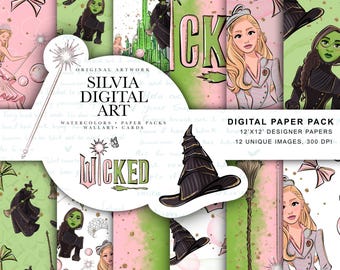 Wicked Seamless, Glinda Pattern, Elphaba, Magic wand, Shiz, Hand Drawn, Broom, Emerald City, Witch