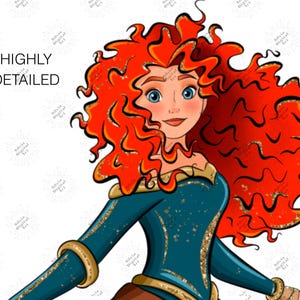 May include: Digital illustration of a cartoon character with vibrant red curly hair and blue eyes. She wears a teal dress with gold accents and a brown skirt. The text "HIGHLY DETAILED" is in the upper left corner.