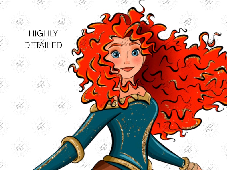 May include: Digital illustration of a cartoon character with vibrant red curly hair and blue eyes. She wears a teal dress with gold accents and a brown skirt. The text "HIGHLY DETAILED" is in the upper left corner.
