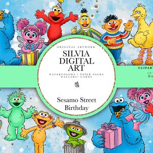 Puede incluir: Una obra de arte digital con varios personajes de Barrio Sésamo, incluyendo a Elmo, Cookie Monster y Big Bird, sobre un fondo azul claro. La imagen incluye el texto "Sesame Street Birthday" y "Silvia Digital Art". La obra mide 30,48 cm x 30,48 cm.