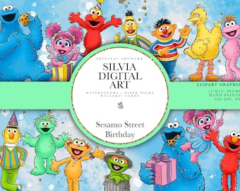 Sesame Street Birthday Clipart, Elmo, Cookie Monster, Ernie, Abby, Bert, PNG, Hand Drawn