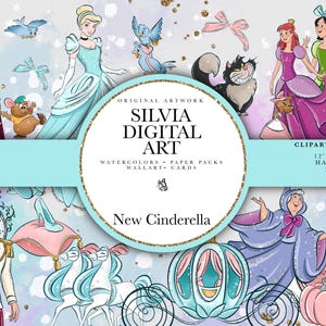 Puede incluir: Ilustración digital con personajes y elementos de Cenicienta. La imagen incluye a Cenicienta, el Hada Madrina, el Príncipe Encantador y otros personajes. El texto dice "SILVIA DIGITAL ART" y "New Cinderella". La obra de arte está etiquetada como "CLIPART GRAPHICS".