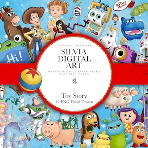 May include: A digital artwork featuring numerous characters from the animated film "Toy Story." The image includes Woody, Buzz Lightyear, and other recognizable characters. The artwork is labeled "Silvia Digital Art" and includes the text "Toy Story 42 PNG Hand Drawn."