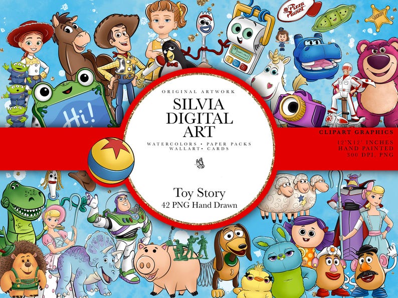 May include: A digital artwork featuring numerous characters from the animated film "Toy Story." The image includes Woody, Buzz Lightyear, and other recognizable characters. The artwork is labeled "Silvia Digital Art" and includes the text "Toy Story 42 PNG Hand Drawn."