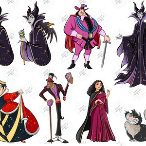 May include: Digital illustrations of various Disney villains, including Maleficent, the Queen of Hearts, and Dr. Facilier. Each character is depicted in their signature attire, with vibrant colors and detailed designs. The image showcases a collection of iconic antagonists.