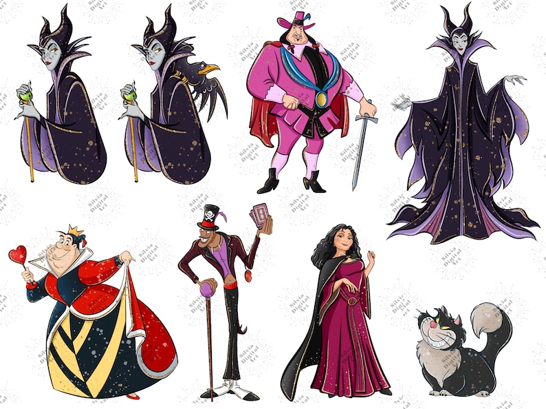 May include: Digital illustrations of various Disney villains, including Maleficent, the Queen of Hearts, and Dr. Facilier. Each character is depicted in their signature attire, with vibrant colors and detailed designs. The image showcases a collection of iconic antagonists.