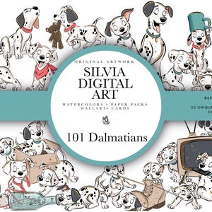 Könnte beinhalten: Eine Sammlung von 23 einzigartigen Illustrationen von 101 Dalmatinern in verschiedenen Posen. Die Kunstwerke umfassen Aquarell- und Papierpackungsdesigns, geeignet für Wandkunst und Karten. Die Clipart-Grafiken sind 30,5 cm x 30,5 cm und kommerziell nutzbar.