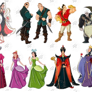 May include: Digital art featuring various cartoon characters, including Cruella De Vil in a black and white coat, and other characters in colorful outfits. The image includes villains and princesses.
