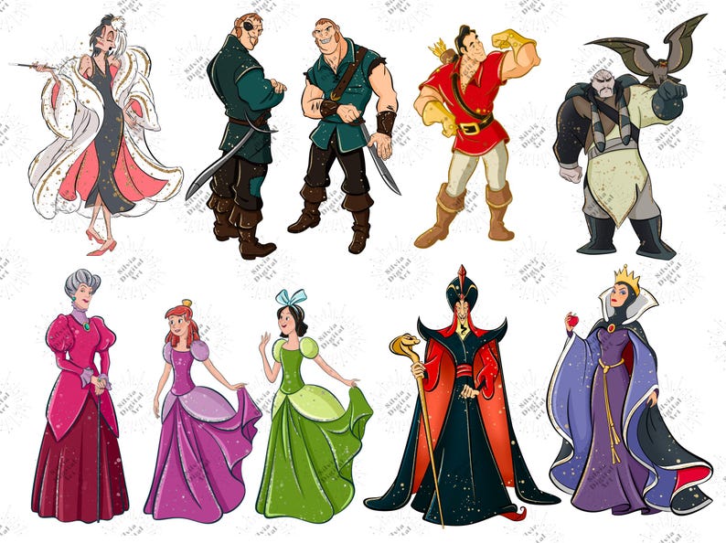 May include: Digital art featuring various cartoon characters, including Cruella De Vil in a black and white coat, and other characters in colorful outfits. The image includes villains and princesses.