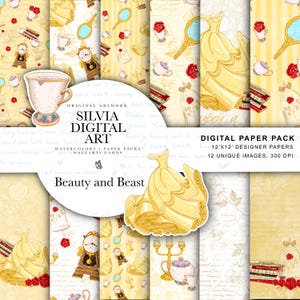May include: Digital paper pack with 12 unique designs, themed around "Beauty and the Beast". The illustrations include a yellow dress, teacups, clocks, roses, and mirrors. The artwork is in a watercolor style, with various patterns and textures.