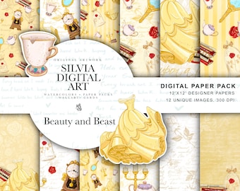 May include: Digital paper pack with 12 unique designs, themed around "Beauty and the Beast". The illustrations include a yellow dress, teacups, clocks, roses, and mirrors. The artwork is in a watercolor style, with various patterns and textures.