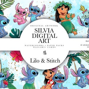 May include: Digital art featuring characters from Lilo & Stitch, including Stitch and Lilo, surrounded by tropical foliage. The artwork includes the text "Silvia Digital Art" and "Lilo & Stitch". The image is labeled as clipart graphics, 12x12 inches, with 24 unique illustrations.