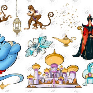 May include: A digital illustration set featuring a blue genie, a brown monkey in two poses, a tall palace with golden domes, a sorcerer in a black and red robe holding a cobra staff, a gold oil lamp, a hanging lantern, a white flower, and a turban.
