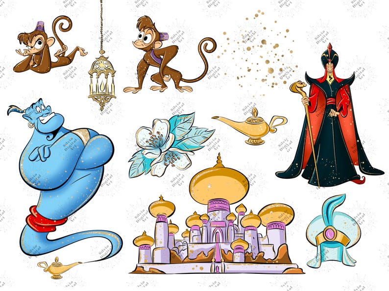 May include: A digital illustration set featuring a blue genie, a brown monkey in two poses, a tall palace with golden domes, a sorcerer in a black and red robe holding a cobra staff, a gold oil lamp, a hanging lantern, a white flower, and a turban.
