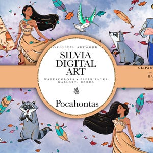Puede incluir: Ilustración digital con Pocahontas y otros personajes, con un tipi, un mapache y un colibrí. La obra de arte incluye el texto "SILVIA DIGITAL ART" y "Pocahontas". La imagen mide 30,48 cm x 30,48 cm.