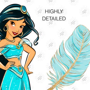 May include: A digital illustration of a character with long black hair, wearing a turquoise two-piece outfit with gold accents, positioned next to a large light blue feather with gold glitter details. The text HIGHLY DETAILED is visible.