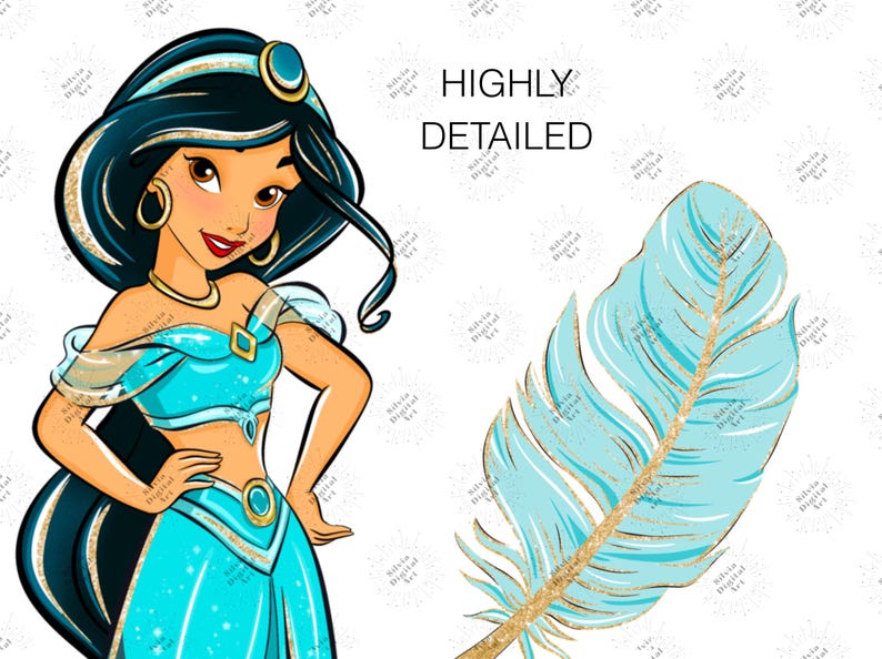 May include: A digital illustration of a character with long black hair, wearing a turquoise two-piece outfit with gold accents, positioned next to a large light blue feather with gold glitter details. The text HIGHLY DETAILED is visible.
