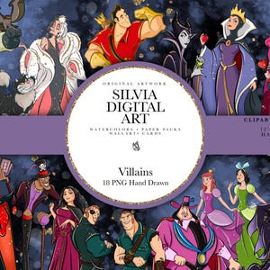 May include: Digital art featuring a collection of cartoon villains. The image includes characters like Cruella de Vil, Maleficent, and the Evil Queen. The artwork is hand-painted and available as 12x12 inch PNG files.