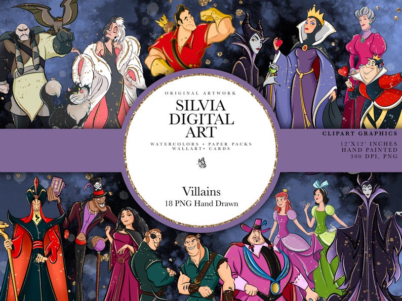 May include: Digital art featuring a collection of cartoon villains. The image includes characters like Cruella de Vil, Maleficent, and the Evil Queen. The artwork is hand-painted and available as 12x12 inch PNG files.