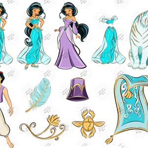 May include: A digital illustration set featuring two figures in turquoise outfits, one figure in a purple gown, a white tiger, a male figure in a purple vest and white pants, a light blue feather, a purple hat, a gold scarab, and a flying carpet.