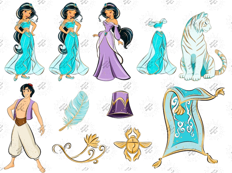 May include: A digital illustration set featuring two figures in turquoise outfits, one figure in a purple gown, a white tiger, a male figure in a purple vest and white pants, a light blue feather, a purple hat, a gold scarab, and a flying carpet.