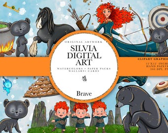 Merida Clipart, Princess PNG, Fairytale, Red Hair, Angus, Fatuus Fire, Brave Disney, Hand Drawn