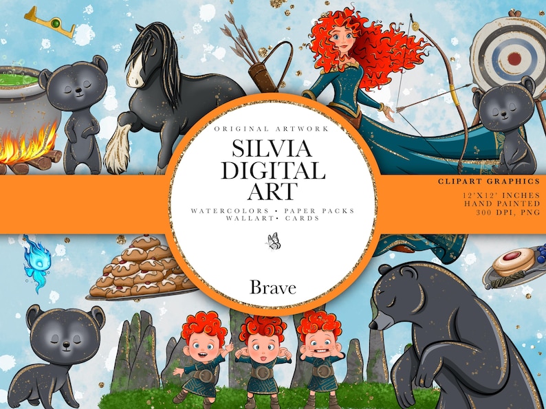 May include: Digital artwork with illustrations from the film "Brave," including a princess with red curly hair, bears, a horse, and archery equipment. The image also includes the text "SILVIA DIGITAL ART." The artwork is 12x12 inches.
