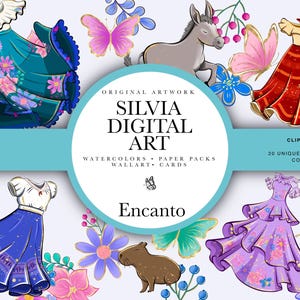 May include: Digital art featuring illustrations of dresses, a donkey, butterflies, and flowers. The artwork includes the text "SILVIA DIGITAL ART" and "Encanto". The clipart graphics are 8x8 inches and include 20 unique illustrations for commercial use.