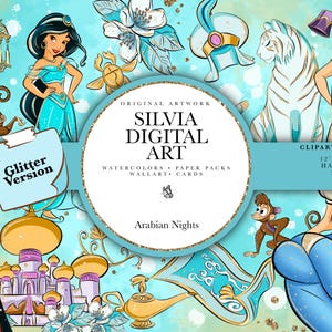 May include: Digital clipart graphics featuring characters and icons from Arabian Nights, including Jasmine, Aladdin, a blue genie, a monkey, a tiger, a palace, and a golden lamp. The central circular text reads Silvia Digital Art, Arabian Nights.