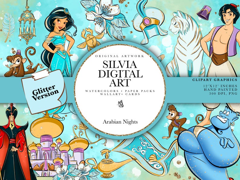 May include: Digital clipart graphics featuring characters and icons from Arabian Nights, including Jasmine, Aladdin, a blue genie, a monkey, a tiger, a palace, and a golden lamp. The central circular text reads Silvia Digital Art, Arabian Nights.