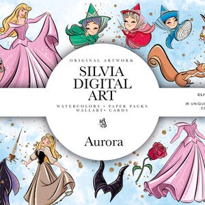 Puede incluir: Ilustraciones digitales de Aurora, hadas y animales del bosque. La obra de arte incluye un vestido rosa, una rosa y una ardilla. El texto dice "SILVIA DIGITAL ART" y "Aurora". Los gráficos prediseñados miden 30.48cm x 30.48cm.