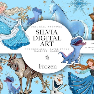 Puede incluir: Arte digital con personajes de la película "Frozen", incluyendo a Elsa, Anna, Olaf, Kristoff, Sven y Bruni. La obra de arte está ambientada sobre un fondo azul claro con copos de nieve e incluye el texto "SILVIA DIGITAL ART". Los gráficos prediseñados miden 30,48 cm x 30,48 cm.