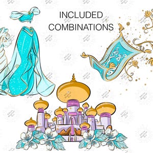 May include: Digital illustrations featuring a white tiger, a turquoise two-piece outfit, a flying carpet with gold floral accents, and a purple palace with gold domes and white flowers. The text INCLUDED COMBINATIONS is printed in black.