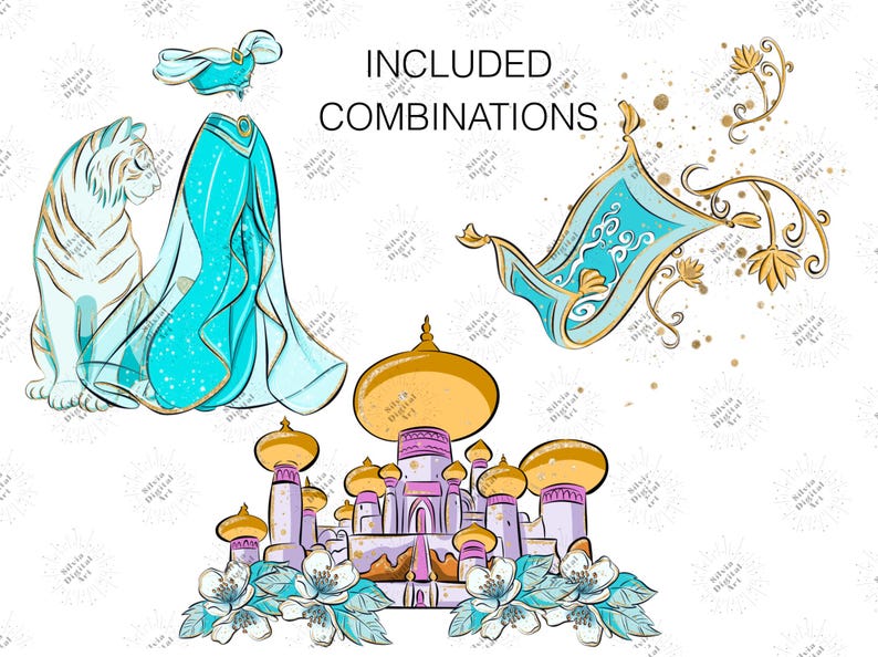 May include: Digital illustrations featuring a white tiger, a turquoise two-piece outfit, a flying carpet with gold floral accents, and a purple palace with gold domes and white flowers. The text INCLUDED COMBINATIONS is printed in black.